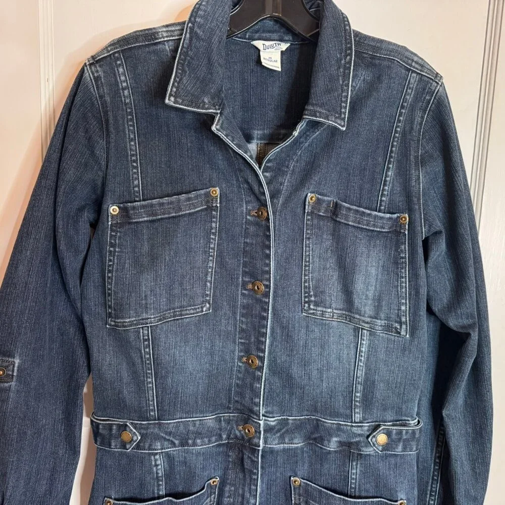 Duluth Trading Co Dark Wash Blue Denim Women's Work Long Sleeve Jumpsuit sz 10R - Picture 2 of 15